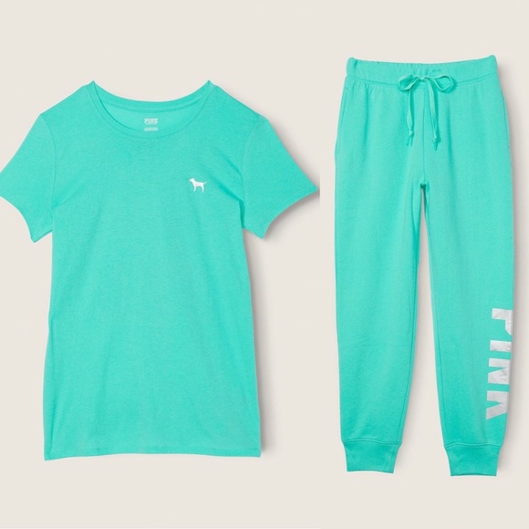 VS Pink 2-Piece SET Teal Ice Foil Relaxed Joggers & Teal Ice Foil Perfect Tee - Picture 3 of 15